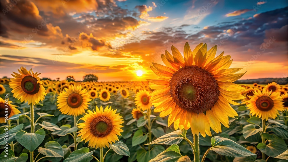 Obraz premium Sunflowers basking in the glow of a sunset , sunflowers, sunset, evening, golden hour, nature, plants, blooms, orange