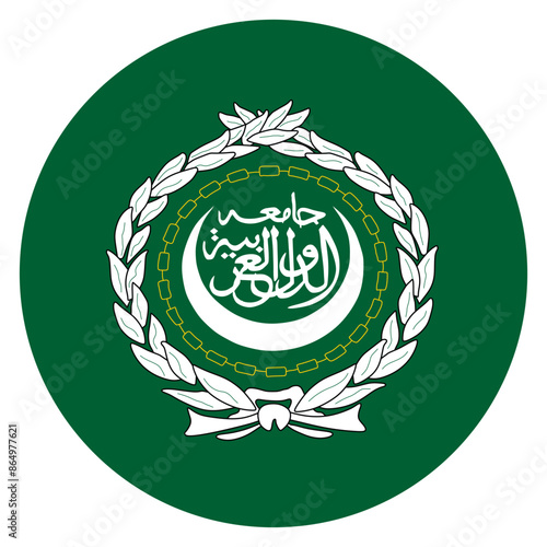 Circle badge Arab League flag button vector illustration isolated. Middle east territory with African states union patriotic sign. Roundel Arab League heraldic emblem banner.