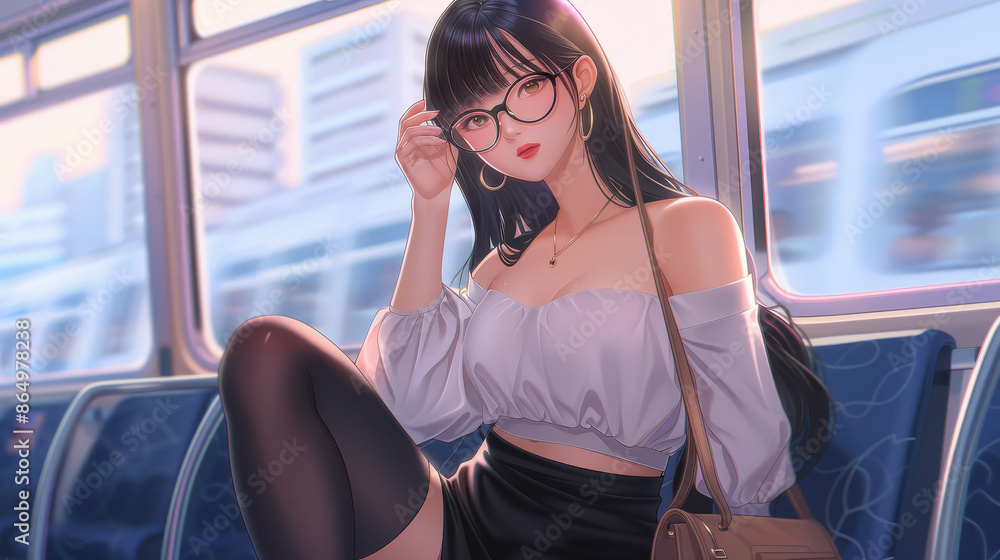 Highquality manga art of a mature woman in black stockings and glasses with a handbag Highquality manga art of a mature woman in black stockings and glasses with a handbag