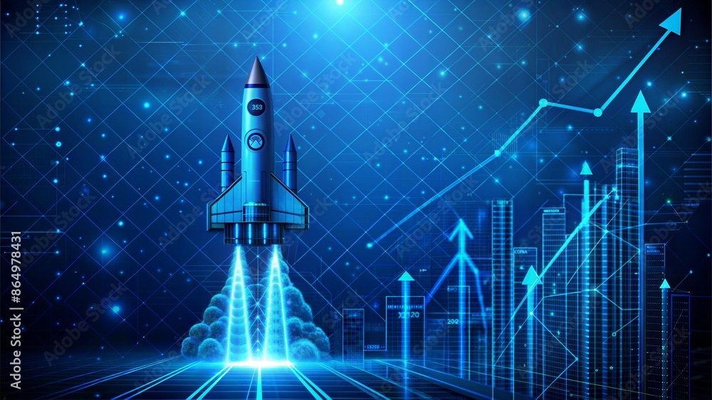 Digital growth arrows up and abstract rocket launch on dark blue ...