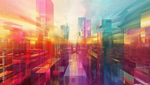 Digital art piece depicting an abstract futuristic cityscape, with vibrant colors and geometric shapes representing skyscrapers, surrounded by light rays and glowing highlights.