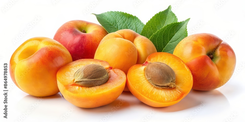 Isolated cut apricots on white background , apricots, isolated, fresh, juicy, orange, fruit, slices, halved, nutritious Isolated cut apricots on white background , apricots, isolated, fresh, juicy, orange, fruit, slices, halved, nutritious