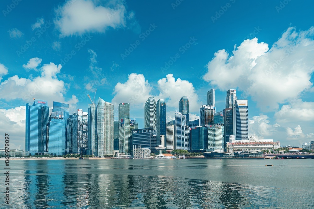 Naklejka premium City skyline against large body of water, showcasing urban development and waterfront living, A symbol of progress and innovation in the skyline