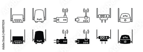 Wireless router and access point devices icon set with outline and field variation