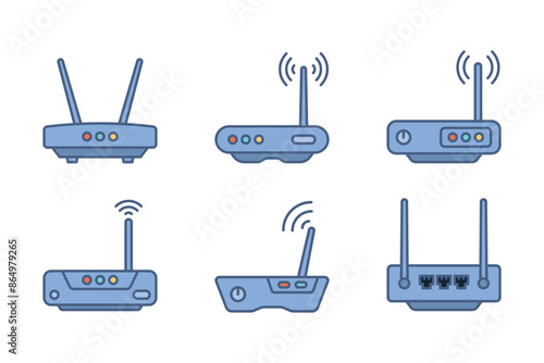 Modern wireless router and access point light blue simple flat illustration set