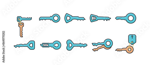 Old key and keyring flat illustration bundle with outline stroke