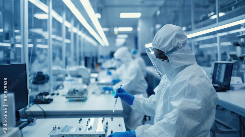 Scientists in Protective Gear Conducting Research in a Modern Laboratory with Advanced Equipment Scientists in Protective Gear Conducting Research in a Modern Laboratory with Advanced Equipment