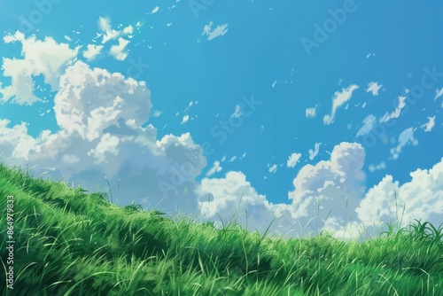 Beautiful green grass field under blue sky with white puffy clouds in the summer,  digital art illustration