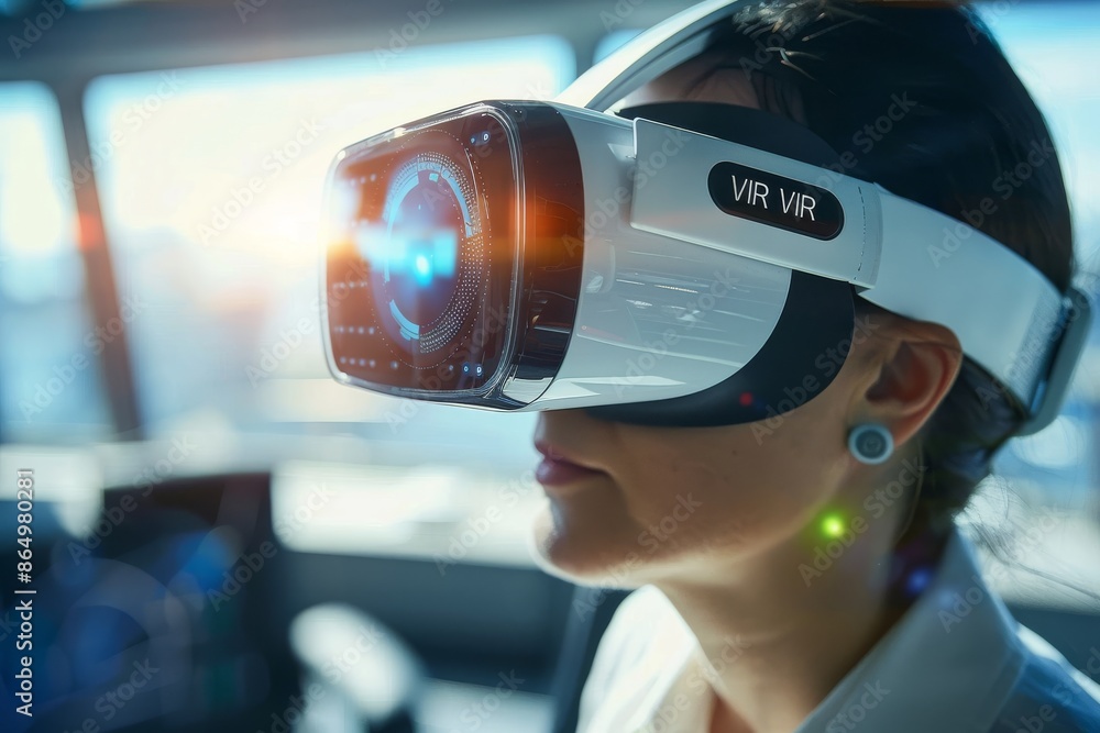 Woman using VR headset in a futuristic car, showcasing the integration of advanced virtual reality technology for immersive automotive experiences. Woman using VR headset in a futuristic car, showcasing the integration of advanced virtual reality technology for immersive automotive experiences.