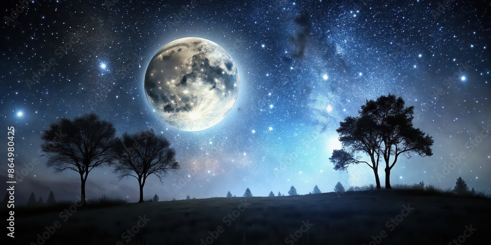 Naklejka premium Dark and peaceful night landscape with stars, moon, and silhouetted trees, starlit, serene, tranquil, nighttime, moonlit
