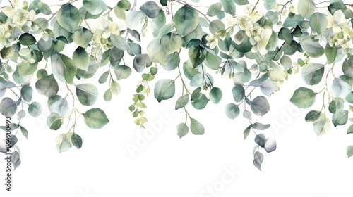 watercolor hanging wreath of eucalyptus greenery leaves, white background