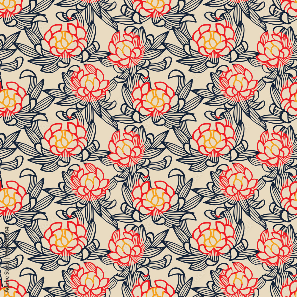 Japanese Overlap Wild Flower Vector Seamless Pattern Japanese Overlap Wild Flower Vector Seamless Pattern