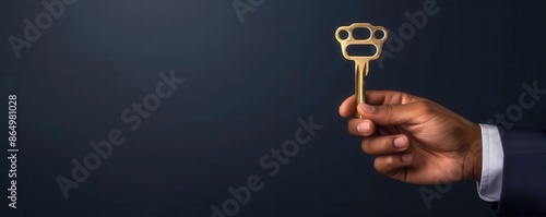 Business hand holding a key against dark background, business opportunity