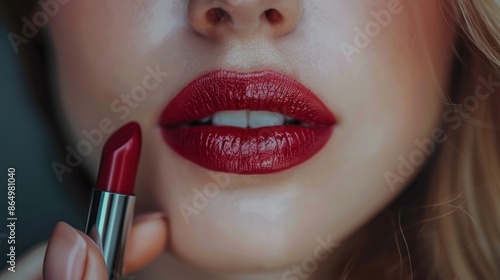 Close-up of a woman applying red lipstick, showcasing beautifully painted lips, perfect for beauty and makeup themes. © ZethX