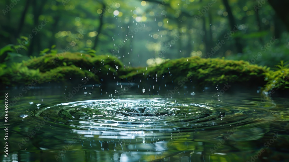 Fototapeta premium Serene forest scene with raindrops creating ripples in a calm pond, surrounded by lush green foliage and moss-covered ground.