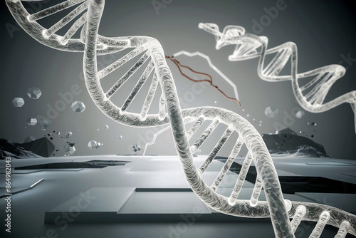 High-resolution image of a DNA double helix against a futuristic background, illustrating the concepts of medical science, biotechnology, and gene manipulation. 
