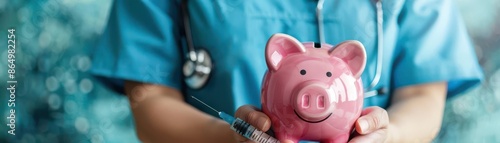 Nurse holding a piggy bank, healthcare and finance concept.