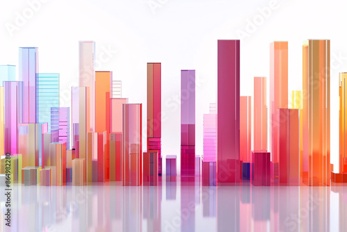 a colorful city skyline with many tall rectangular objects