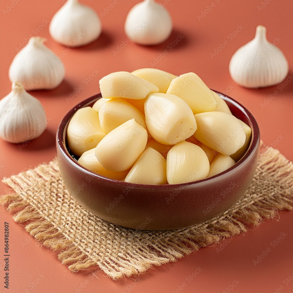 Fresh peeled garlic in bowl on red background Fresh peeled garlic in bowl on red background