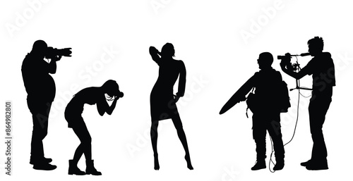 Handsome woman posing paparazzo crew photographers vector silhouette illustration isolated. Fashion pose attractive girl shape. Sexy lady. Female figure shadow. glamour top model. Cameraman on casting