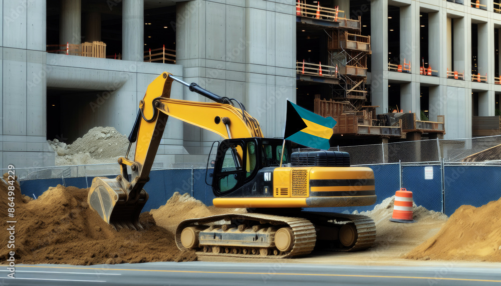 Yellow excavator at a construction site, proudly displaying the Bahamas flag, represents hard work and national pride Yellow excavator at a construction site, proudly displaying the Bahamas flag, represents hard work and national pride