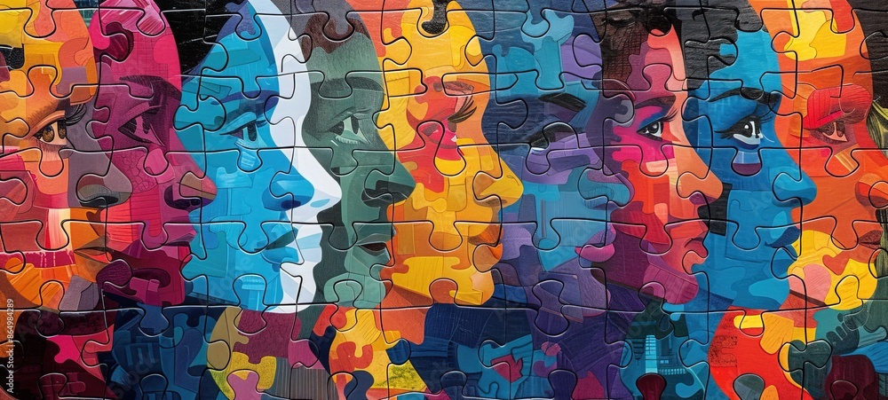 Naklejka premium Multi colored puzzle faces with different people showing Diversity and inclusion, equity and belonging