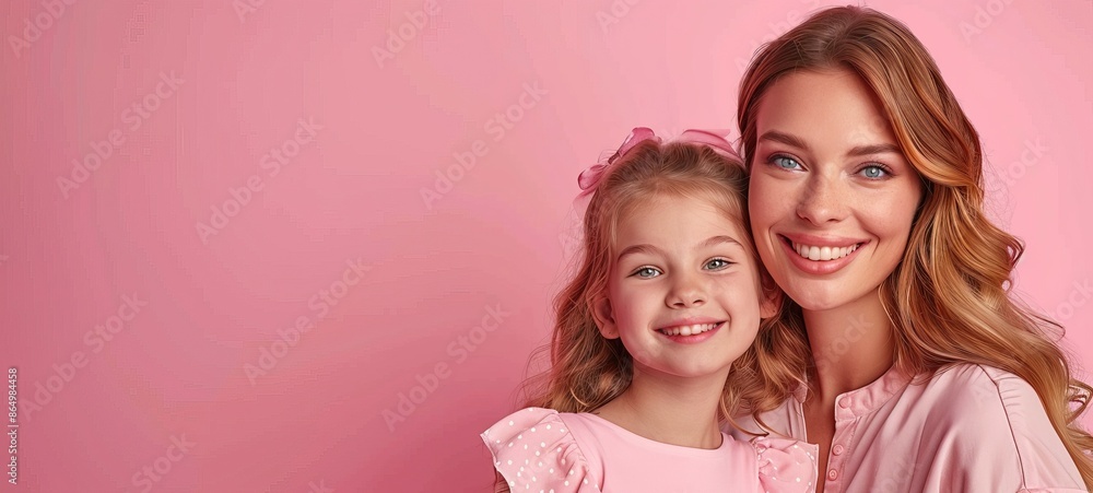 Mom and daughter hugging on a pastel pink background, mother and girl happy with copyspace hd Mom and daughter hugging on a pastel pink background, mother and girl happy with copyspace hd