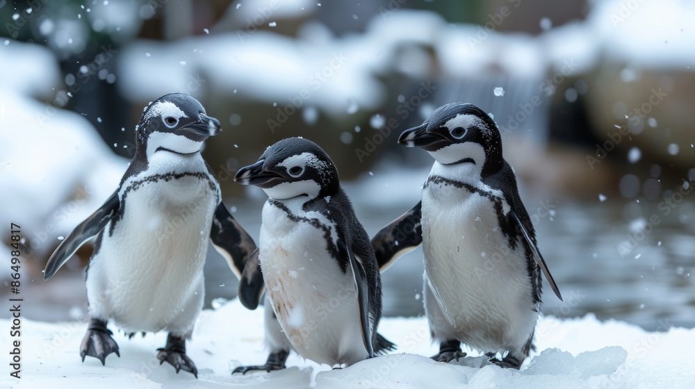 Fototapeta premium Little Penguins Playing on Ice 
