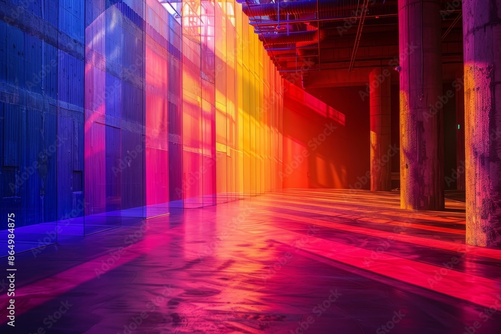 A long hallway adorned with numerous columns and bright lights, A symphony of colors in the lighting design A long hallway adorned with numerous columns and bright lights, A symphony of colors in the lighting design