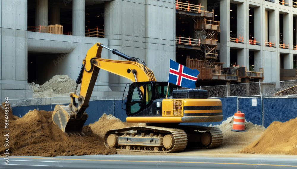 Yellow excavator at a construction site, proudly displaying the Iceland flag, represents hard work and national pride Yellow excavator at a construction site, proudly displaying the Iceland flag, represents hard work and national pride