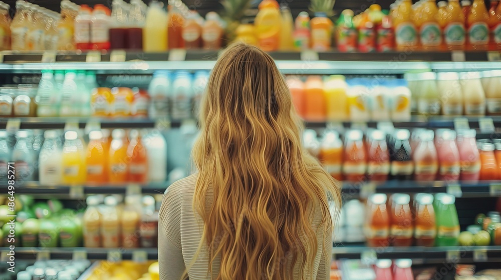 back view of young woman looking at bottle of juice in grocery store back view of young woman looking at bottle of juice in grocery store