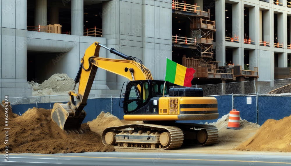 Yellow excavator at a construction site, proudly displaying the Mali flag, represents hard work and national pride Yellow excavator at a construction site, proudly displaying the Mali flag, represents hard work and national pride