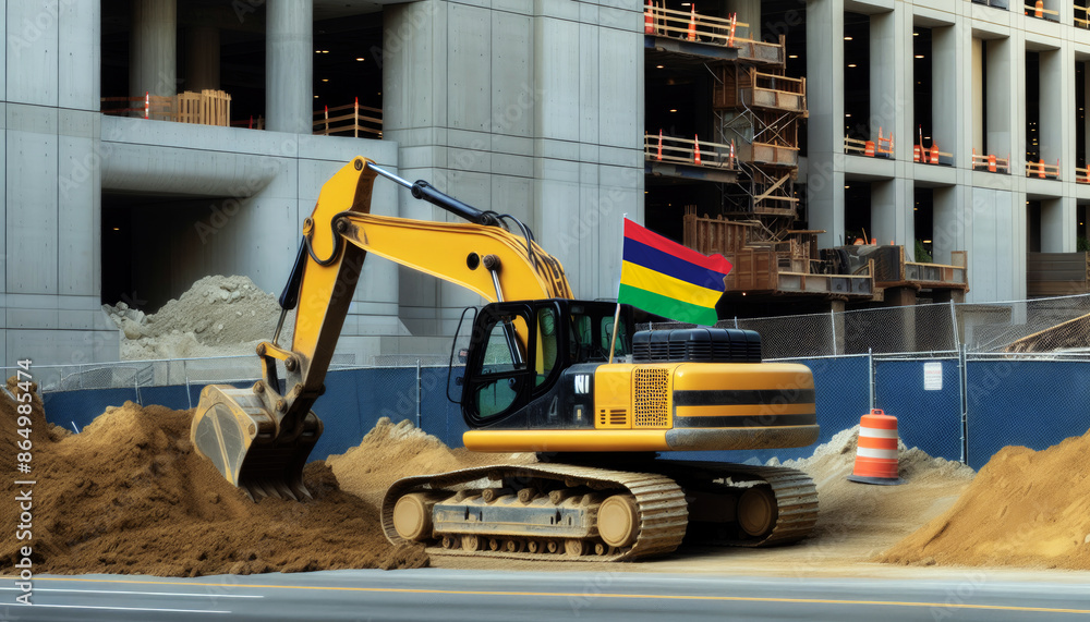Yellow excavator at a construction site, proudly displaying the Mauritius flag, represents hard work and national pride Yellow excavator at a construction site, proudly displaying the Mauritius flag, represents hard work and national pride