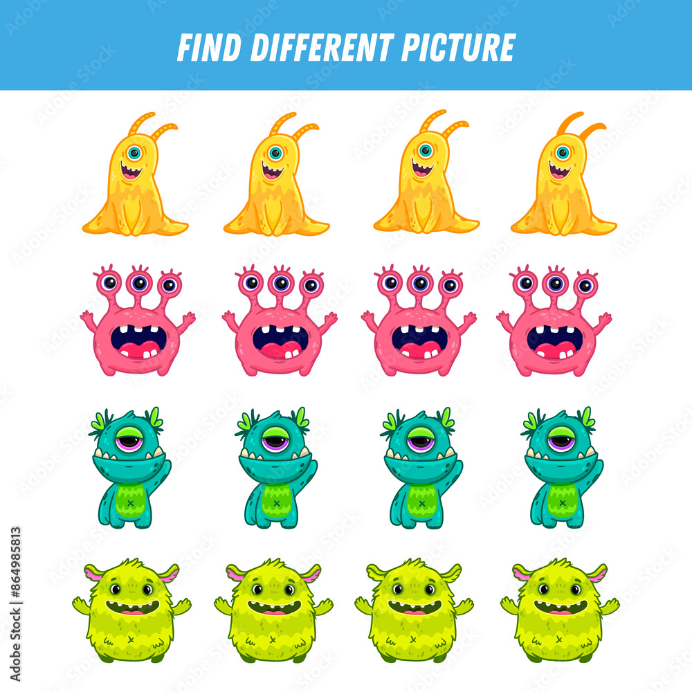 Obraz premium Find different monster each row. Logical game for kids. Cartoon character. Doodle.