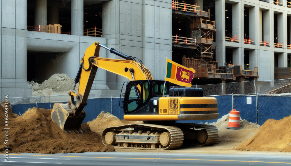 Yellow excavator at a construction site, proudly displaying the Sri Lanka flag, represents hard work and national pride Yellow excavator at a construction site, proudly displaying the Sri Lanka flag, represents hard work and national pride