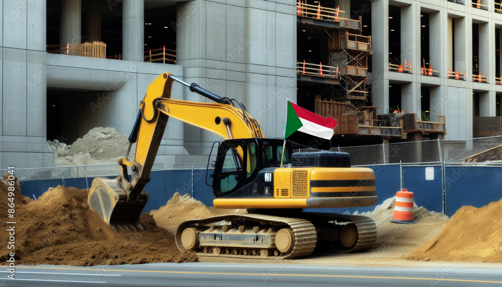 Yellow excavator at a construction site, proudly displaying the Sudan flag, represents hard work and national pride Yellow excavator at a construction site, proudly displaying the Sudan flag, represents hard work and national pride