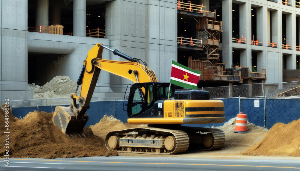 Yellow excavator at a construction site, proudly displaying the Suriname flag, represents hard work and national pride Yellow excavator at a construction site, proudly displaying the Suriname flag, represents hard work and national pride