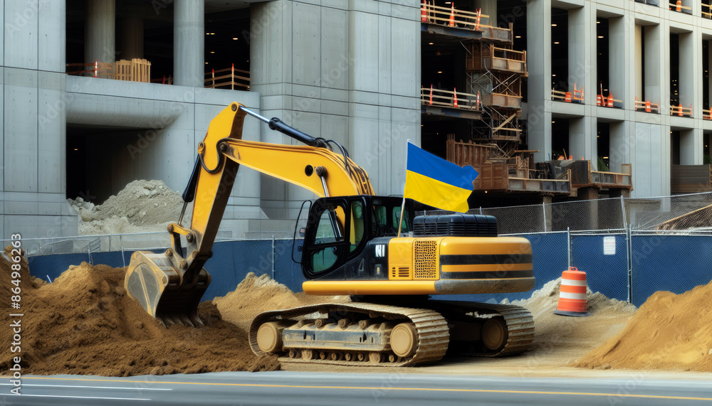 Yellow excavator at a construction site, proudly displaying the Ukraine flag, represents hard work and national pride Yellow excavator at a construction site, proudly displaying the Ukraine flag, represents hard work and national pride