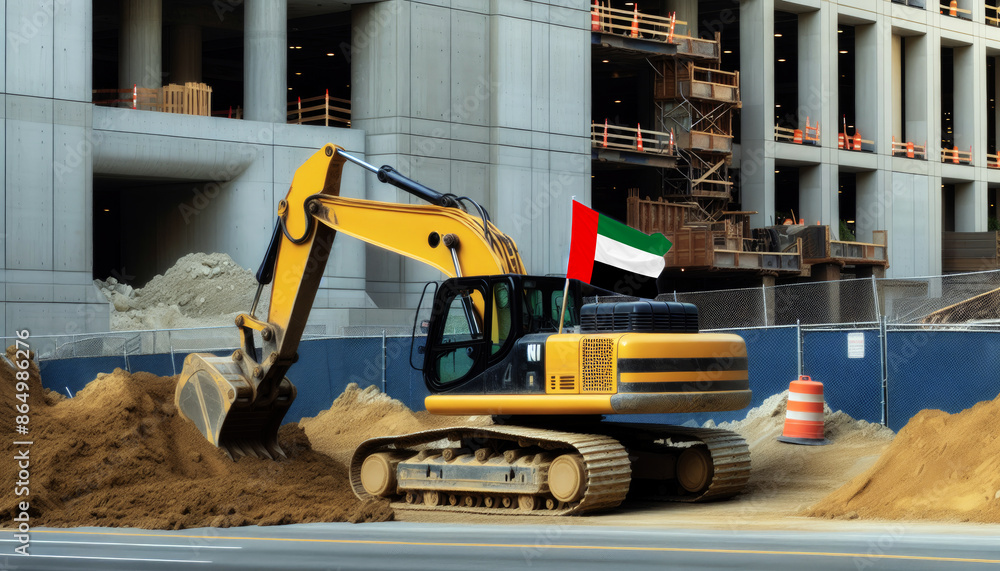 Yellow excavator at a construction site, proudly displaying the United Arab Emirates flag, represents hard work and national pride Yellow excavator at a construction site, proudly displaying the United Arab Emirates flag, represents hard work and national pride