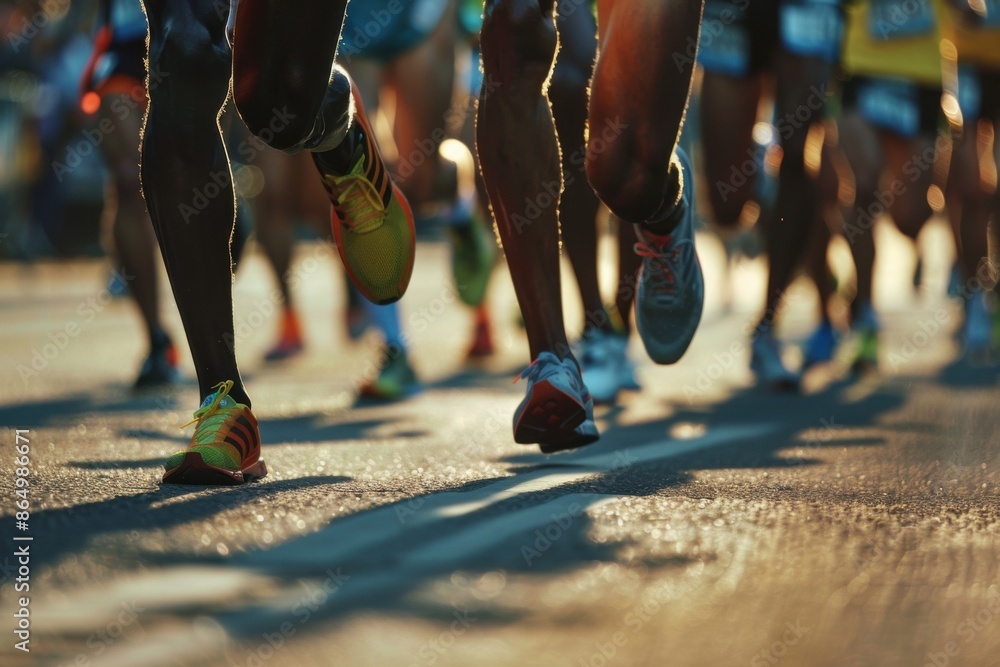 Close-up of determined marathon runners as they stride forward Close-up of determined marathon runners as they stride forward