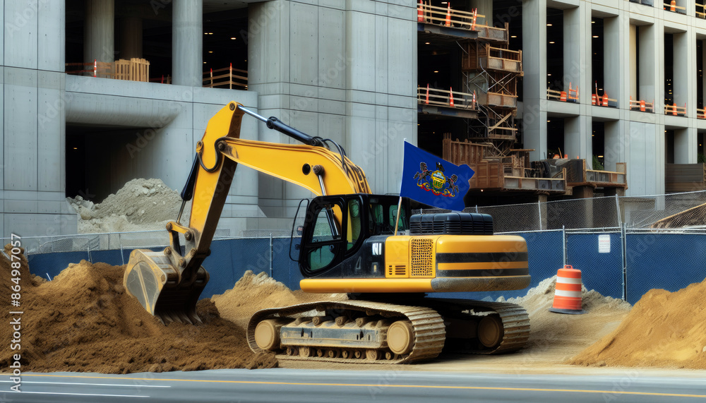 Yellow excavator at a construction site, proudly displaying the Pennsylvania flag, represents hard work and national pride Yellow excavator at a construction site, proudly displaying the Pennsylvania flag, represents hard work and national pride