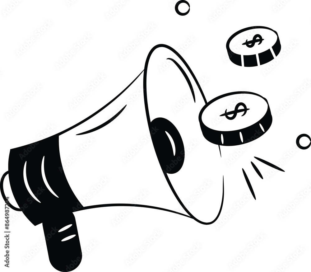 Social media marketing, dollar coin with loud speaker Social media marketing, dollar coin with loud speaker