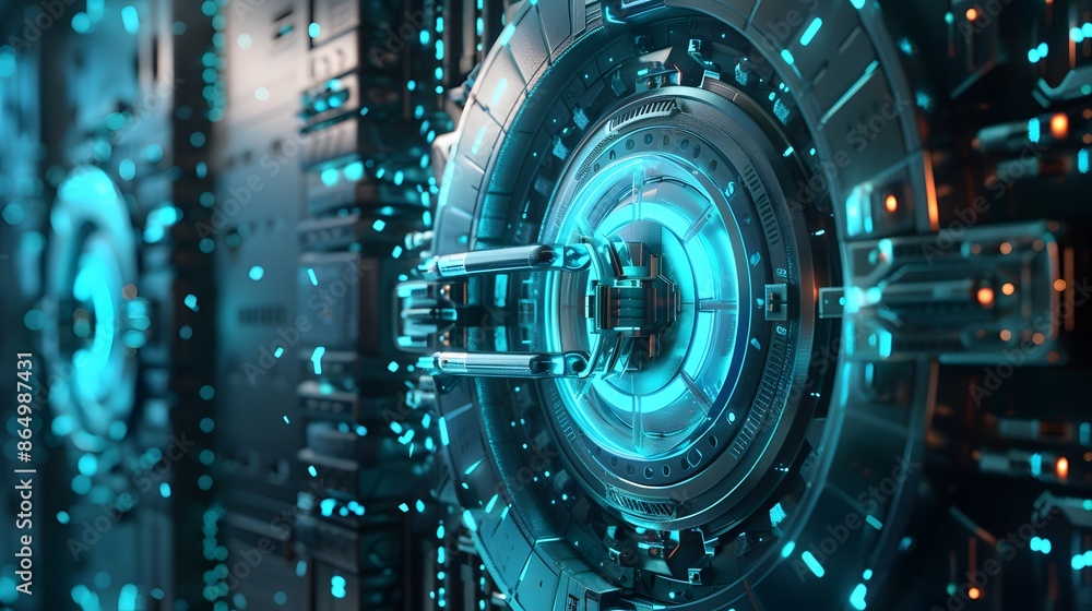 A strong password protects data, visualized as a complex lock on a digital vault A strong password protects data, visualized as a complex lock on a digital vault