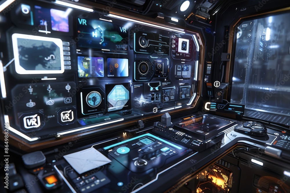 Futuristic control room with multiple VR interfaces, highlighting advanced virtual reality technology for productivity and immersive digital experiences. Futuristic control room with multiple VR interfaces, highlighting advanced virtual reality technology for productivity and immersive digital experiences.