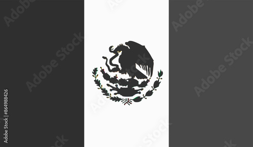 Black and white Mexico flag vector illustration isolated. National symbol of Mexico. State in America. Heraldic eagle with rattlesnake in beak. Mexico coat of arms silhouette.