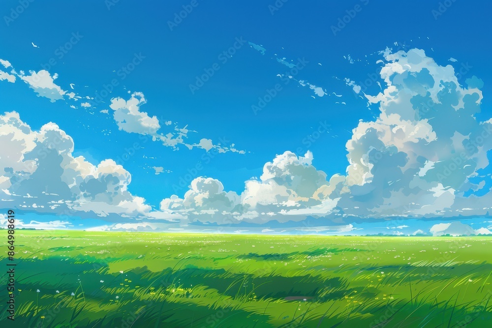 Peaceful landscape with green field and white clouds in a blue sky. Beautiful scenery ideal for desktop background, nature photography, and wallpaper. Peaceful landscape with green field and white clouds in a blue sky. Beautiful scenery ideal for desktop background, nature photography, and wallpaper.