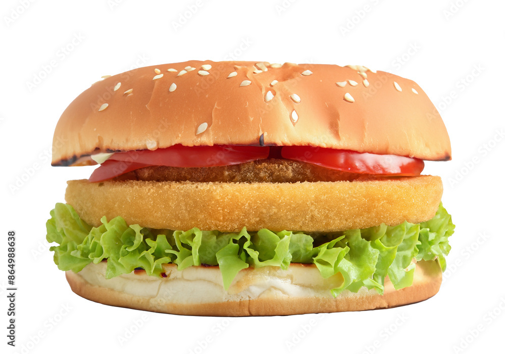 Chicken burger, double burger with crispy chicken meat, salad and sauce isolated on white background Chicken burger, double burger with crispy chicken meat, salad and sauce isolated on white background
