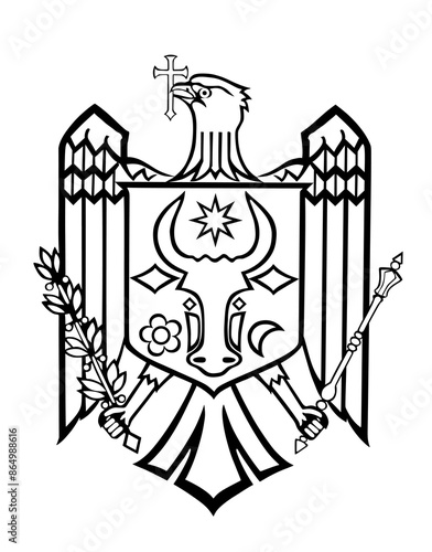 Graphic Moldova coat of arms vector illustration isolated. Seal or national emblem, proud of Moldova line contour. Heraldic eagle crest. COA Moldova heraldry emblem banner national symbol.