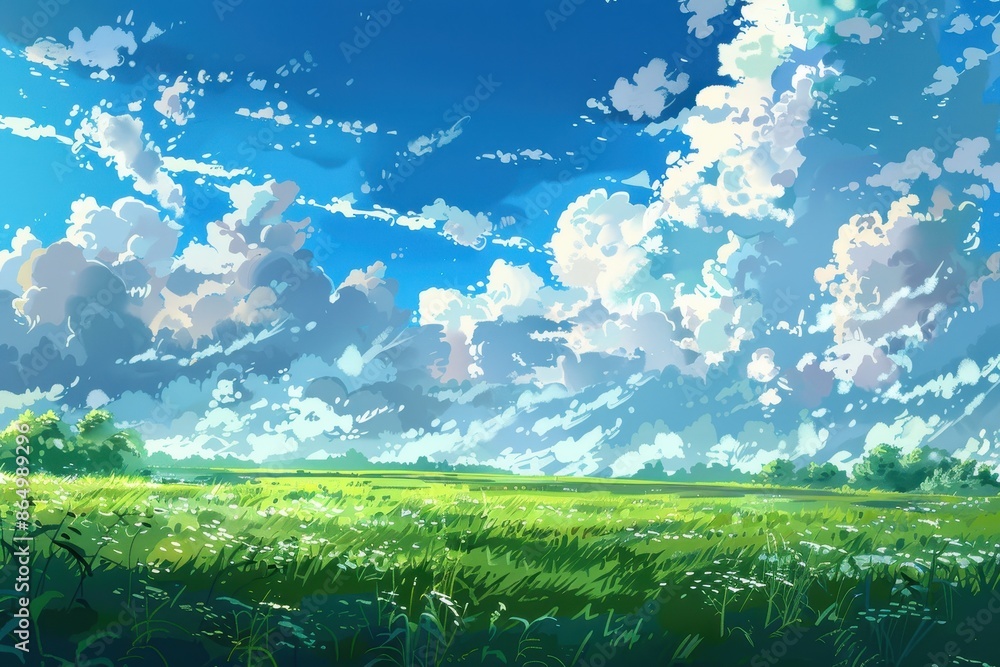 Beautiful, lush green meadow with white puffy clouds in a blue sky. Landscape illustration of nature. Beautiful, lush green meadow with white puffy clouds in a blue sky. Landscape illustration of nature.