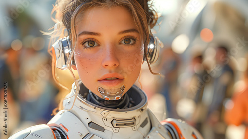 A close-up portrait of a woman in a futuristic city, wearing a white, tech-infused suit. She looks directly at the viewer, her green eyes reflecting a world of possibilities